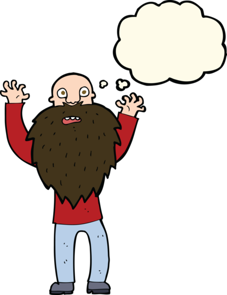 Bir insan tarafından çizilmiş düşünce baloncuklu sakallı korkak yaşlı adam.