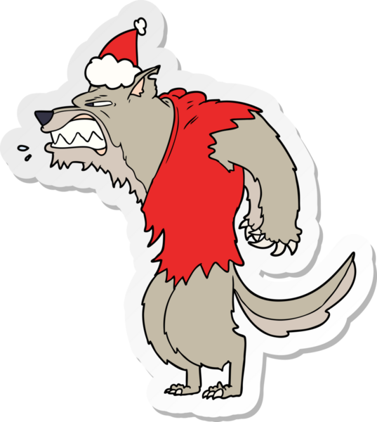 Kızgın kurt adam el çizimi. Bir insan tarafından çizilmiş Noel Baba şapkası.