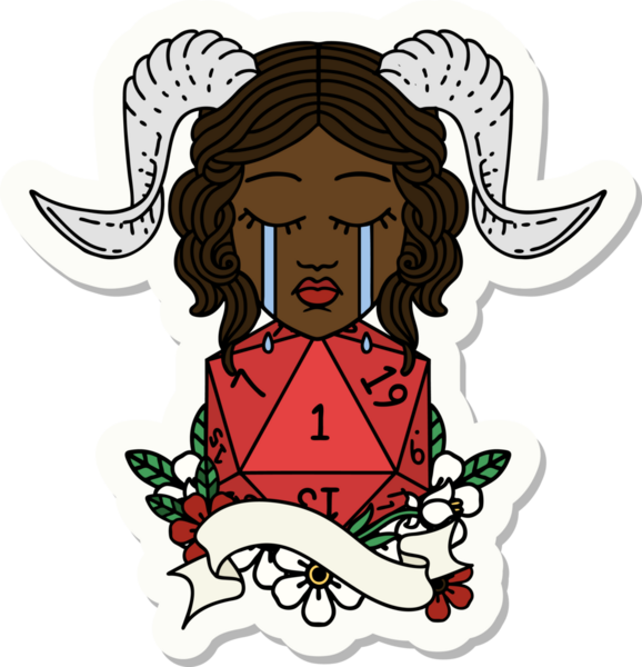 Ağlama etiketi, bir insan tarafından çizilmiş doğal bir D20 rulo ile bağlanıyor.