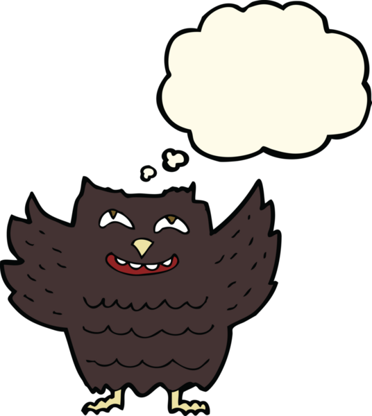 Bir insan tarafından çizilmiş düşünce baloncuklu mutlu baykuş.