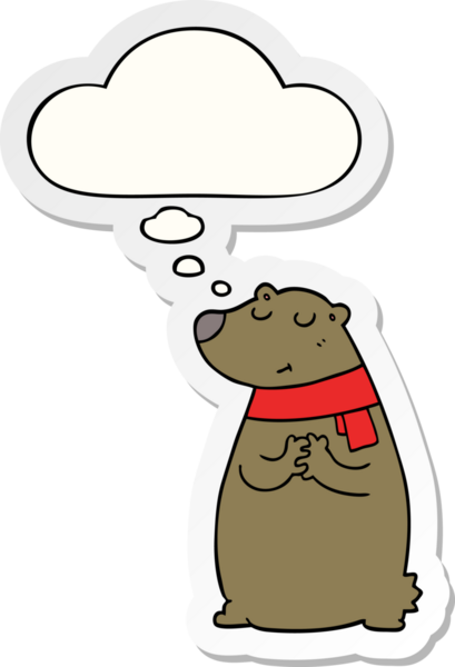 Bir insan tarafından çizilmiş çıkartma olarak düşünce baloncuklu eşarp takan çizgi film ayısı.