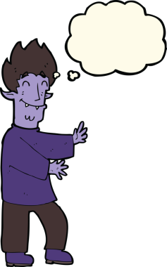 Bir insan tarafından çizilmiş düşünce baloncuğu olan heyecanlı bir vampir.