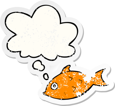 Düşünce baloncuklu karikatür balığı insan tarafından çizilmiş yıpranmış bir çıkartma gibi.
