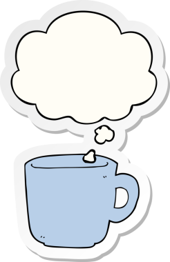 Düşünce baloncuklu çizgi film kahve fincanı insan tarafından çizilmiş bir çıkartma.