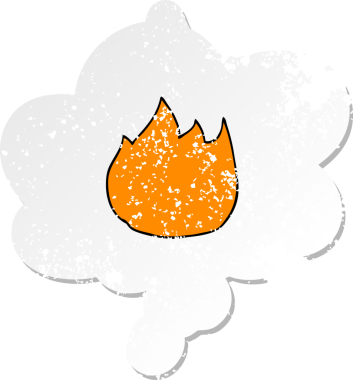 Düşünce baloncuklu çizgi film ateşi bir insan tarafından çizilmiş yıpranmış bir çıkartma gibi.