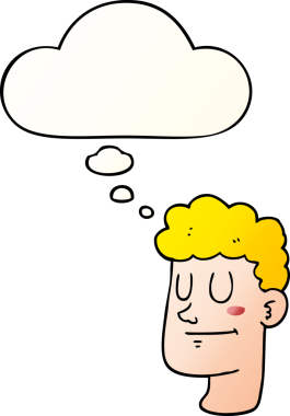 Düşünce baloncuğu olan çizgi film erkek yüzü bir insan tarafından çizilmiş.