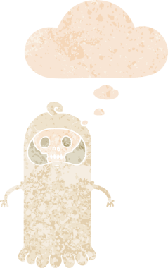 Düşünce baloncuğu ile çizgi film hayaleti grunge sıkıntılı retro dokuma tarzı bir insan tarafından çizilmiş