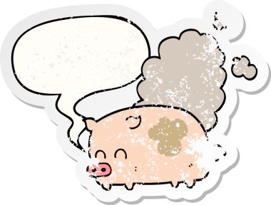 çizgi film kokulu domuz konuşma baloncuğu bir insan tarafından çizilmiş sıkıntılı eski bir çıkartma