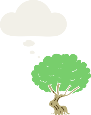 Düşünce baloncuğu olan çizgi film ağacı insan tarafından çizilmiş.