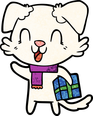 Bir insan tarafından çizilmiş, gülen bir çizgi film köpeği.