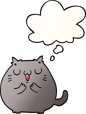 Mutlu çizgi film kedisi bir insan tarafından çizilmiş yumuşak eğimli düşünce baloncuğu ile