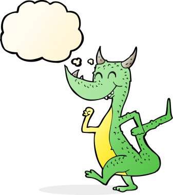 Bir insan tarafından çizilmiş düşünce balonlu mutlu ejderha çizgi filmi.