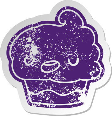 Sıkıntılı eski çizgi film etiketi kawaii bir insan tarafından çizilmiş şirin bir kek.