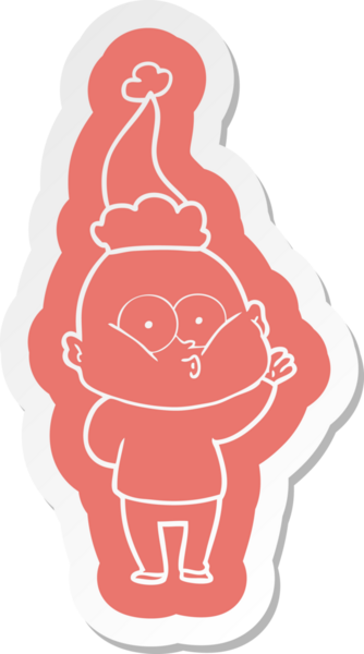 Bir insan tarafından çizilmiş Noel Baba şapkası giymiş kel bir adamın garip bir çizgi film çıkartması.