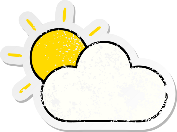 Sevimli bir çizgi film yıldızının sıkıntılı çıkartması ve bir insan tarafından çizilmiş bulut.