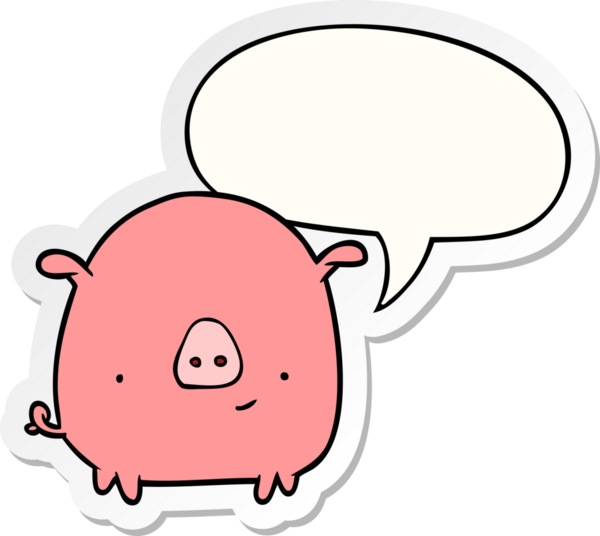 Bir insan tarafından çizilmiş konuşma balonu çıkartmalı mutlu domuz çizgi filmi.