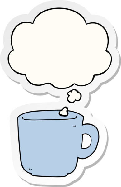 Düşünce baloncuklu çizgi film kahve fincanı insan tarafından çizilmiş bir çıkartma.