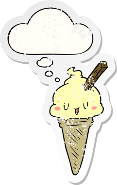 Düşünce baloncuklu tatlı çizgi film dondurması insan tarafından çizilmiş yıpranmış bir çıkartma gibi.