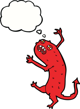 Bir insan tarafından çizilmiş düşünce balonu olan küçük bir canavar.