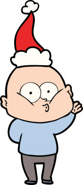 Bir insan tarafından çizilmiş Noel Baba şapkası giymiş kel bir adamın el çizimi.