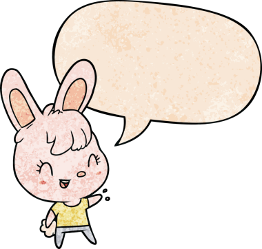 Konuşma baloncuğu olan sevimli çizgi film tavşanı insan tarafından çizilmiş.