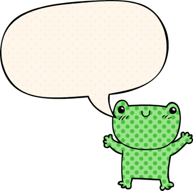 Çizgi roman tarzında konuşma balonu olan bir kurbağa insan tarafından çizilmiş.