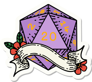 Bir insan tarafından çizilmiş 20 D20 zarının çıkartması.