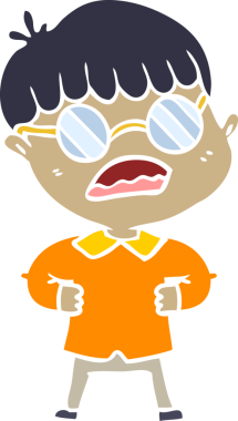 Bir insan tarafından çizilmiş gözlük takan düz renkli çizgi film çocuğu.