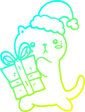 Bir insan tarafından çizilmiş Noel hediyesini taşıyan şirin bir çizgi film kedisinin soğuk gradyan çizimi.