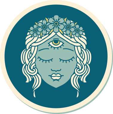 Geleneksel kadın yüzü stili dövme çıkartması. Üçüncü göz ve bir insan tarafından çizilmiş çiçek taçı.