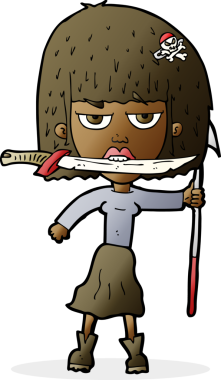 Bir insan tarafından çizilmiş bıçaklı ve zıpkınlı karikatür kadın.