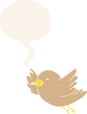 Bir insan tarafından çizilmiş, konuşma baloncuğuyla uçan çizgi film kuşu.