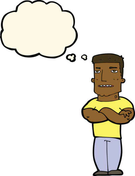 Bir insan tarafından çizilmiş düşünce balonuyla kollarını kavuşturmuş sert adam çizgi filmi.