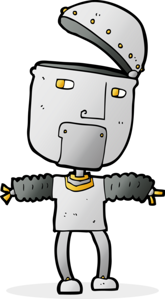 Bir insan tarafından çizilmiş açık kafalı komik çizgi film robotu.