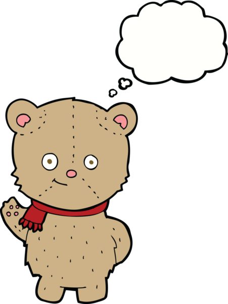 Bir insan tarafından çizilmiş düşünce balonlu oyuncak ayıyı sallayan çizgi film.