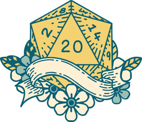 Retro Dövme Biçimi Doğal 20 D20 zar bir insan tarafından çizildi