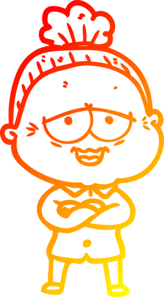 Bir insan tarafından çizilmiş mutlu, yaşlı bir kadının sıcak çizgi çizimi.