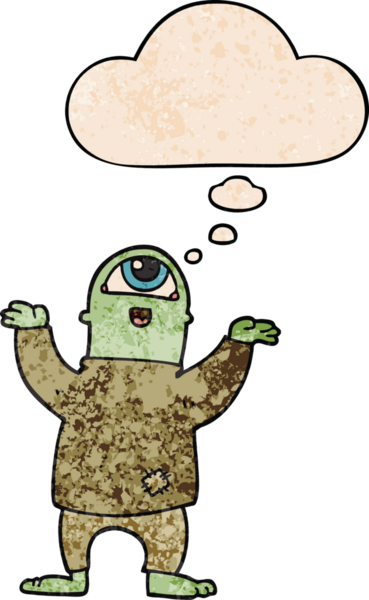 Bir insan tarafından çizilmiş grunge desenli düşünce baloncuklu cadılar bayramı canavarı çizgi filmi.