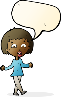 Bir insan tarafından çizilmiş konuşma baloncuğuyla omuz silken çizgi film kadını.