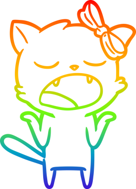 Gökkuşağı gradyan çizgi çizimi bir insan tarafından çizilmiş, esneyen bir kedi omuz silkiyor.