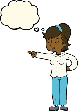 Bir insan tarafından çizilmiş düşünce balonuyla işaret eden çizgi film dostu bir kadın.