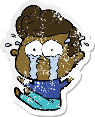 Üzüntülü bir karikatür çıkartması. Bir insan tarafından çizilmiş yerde oturan ağlayan bir adam.