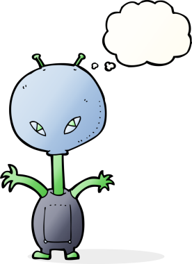 Bir insan tarafından çizilmiş düşünce baloncuğu olan bir uzaylı çizgi filmi.