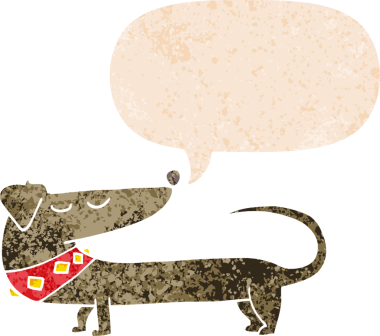 Bir insan tarafından çizilmiş grunge dertli retro tarzı konuşma baloncuğu ile çizgi film köpeği