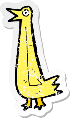 Bir insan tarafından çizilmiş komik bir karikatür kuşunun gerilmiş çıkartması.