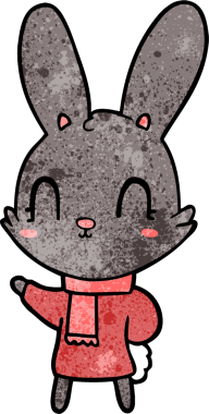 Bir insan tarafından çizilmiş giysili şirin bir tavşan.