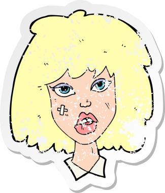 Bir insan tarafından çizilmiş yüzü morarmış bir karikatür kadının gerilmiş çıkartması.