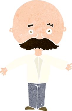 Bir insan tarafından çizilmiş bıyıklı bir çizgi film adamı.