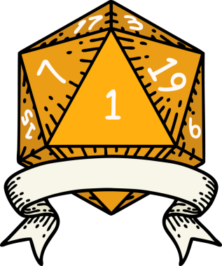 Retro Dövme Biçimi Doğal Bir d20 zar bir insan tarafından çizildi