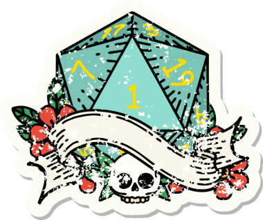 Bir insan tarafından çizilmiş doğal bir d20 zarının grunge çıkartması.